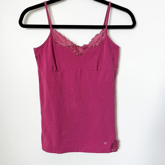American Eagle Outfitters Tops - American Eagle Outfitters Y2K Pink Lace Trim Fitted Babydoll Tank Large 90s